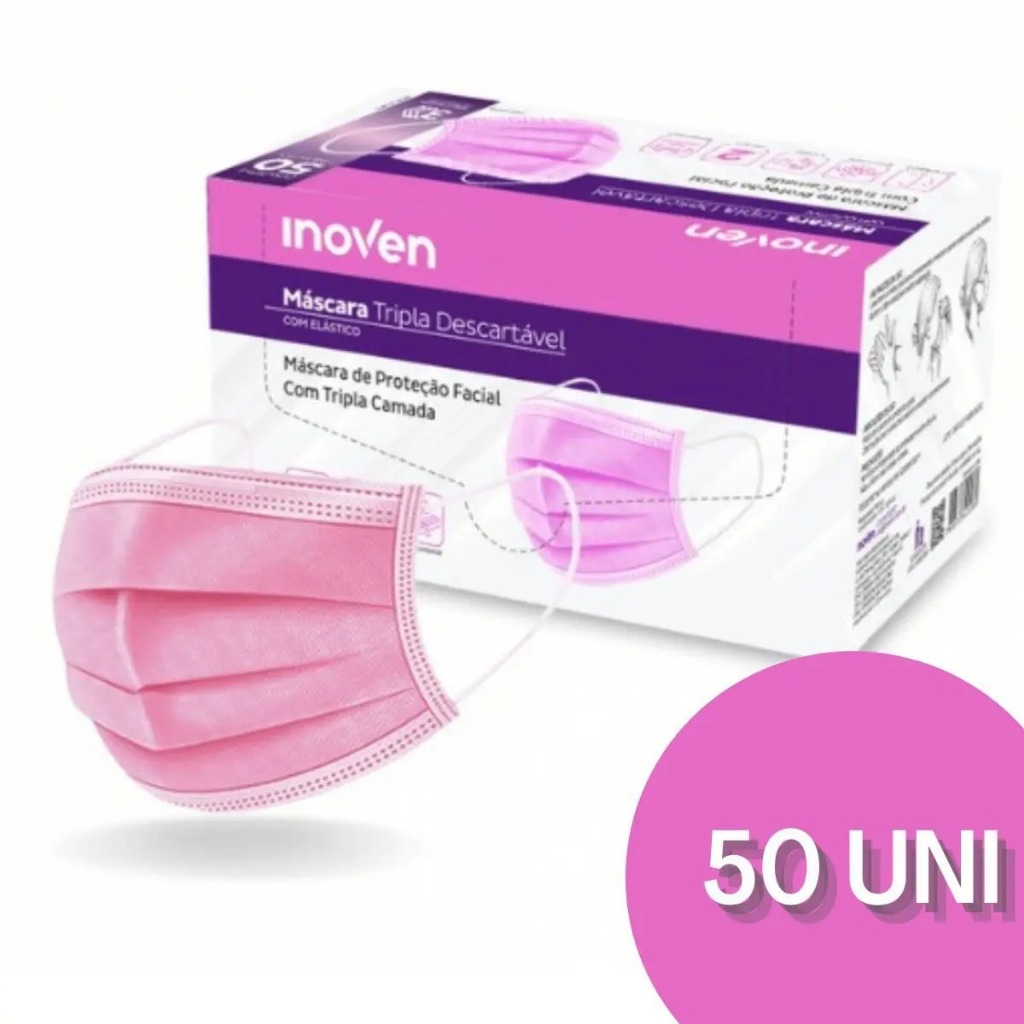 50UN. MÁSCARA DESCARTÁVEL ROSA FACIAL TRIPLA CAMADA em Oferta na Shopee