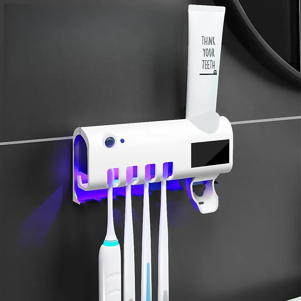 Porta Escova de Dentes UV com Dispenser de Pasta Dental Suporte Banheiro Sem Furar