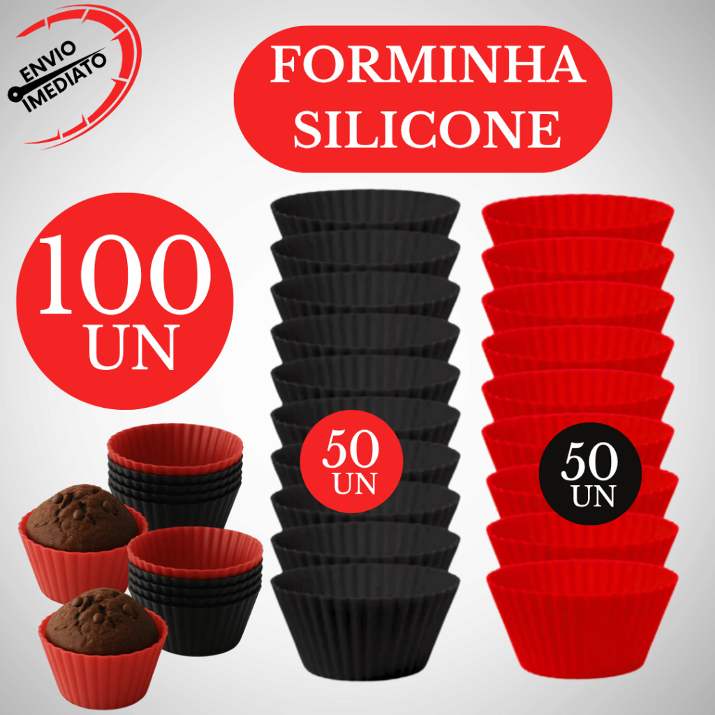 Kit 100 Forminha Silicone Para Cupcake Bolo Kit 12 6,5X3X4,5 CM Empada Confeiraria Doceria Restaurante
