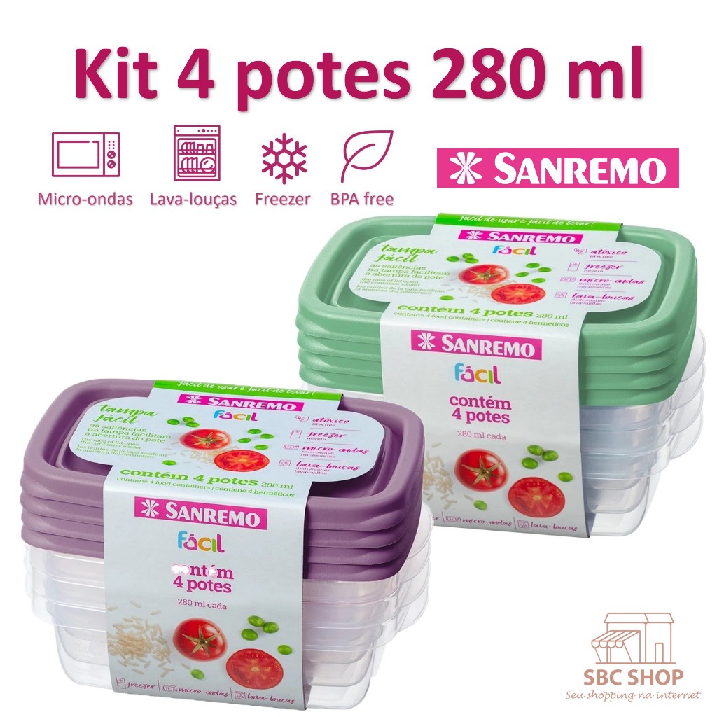 Kit Pote Hermético Freezer Micro-ondas Lava-louças BPA Free 4 Peças 280 ml Sanremo