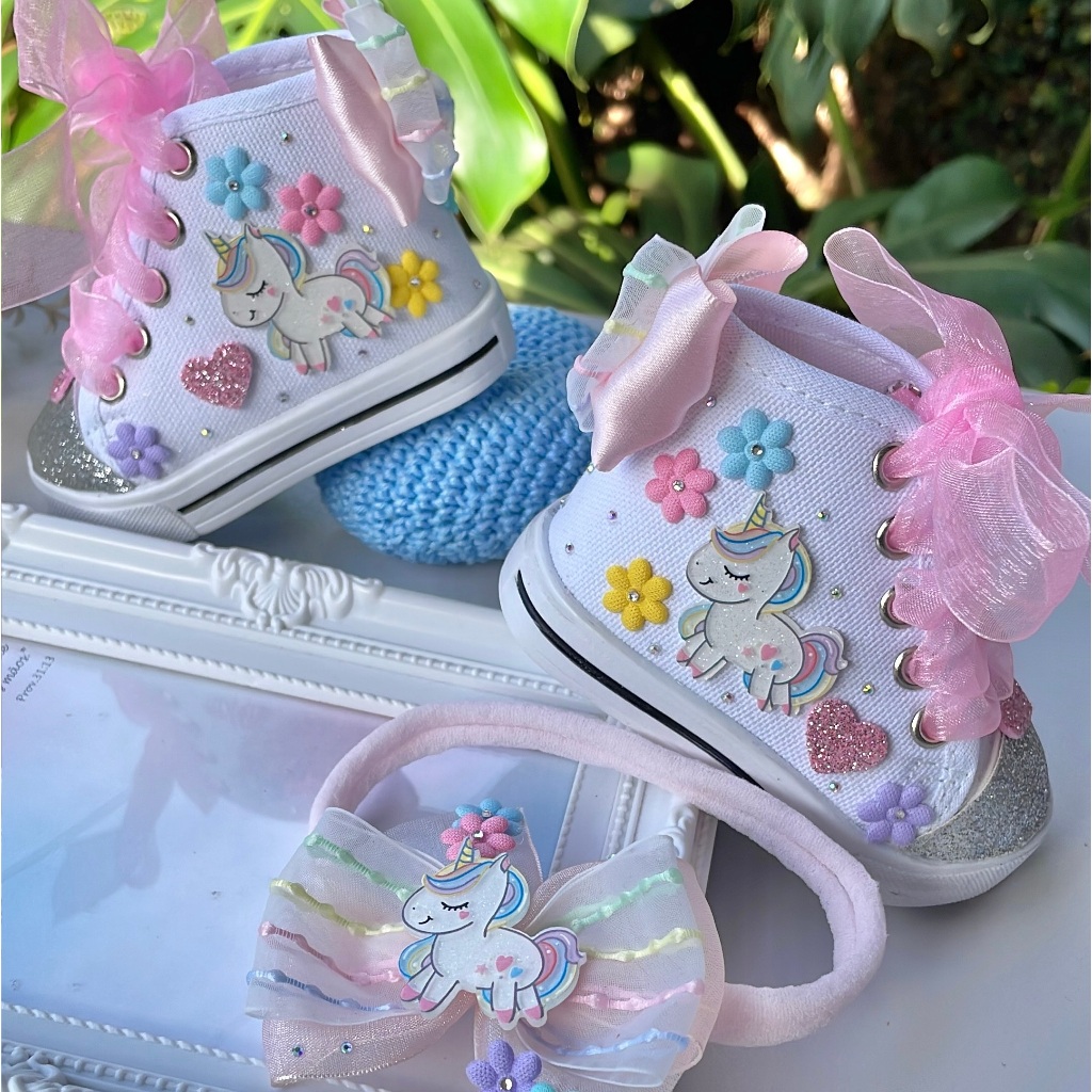 Kit Sapatinho Infantil Menina Tênis Laço Decorado Unicórnio Encantado +Faixinha Combinando Artesanal