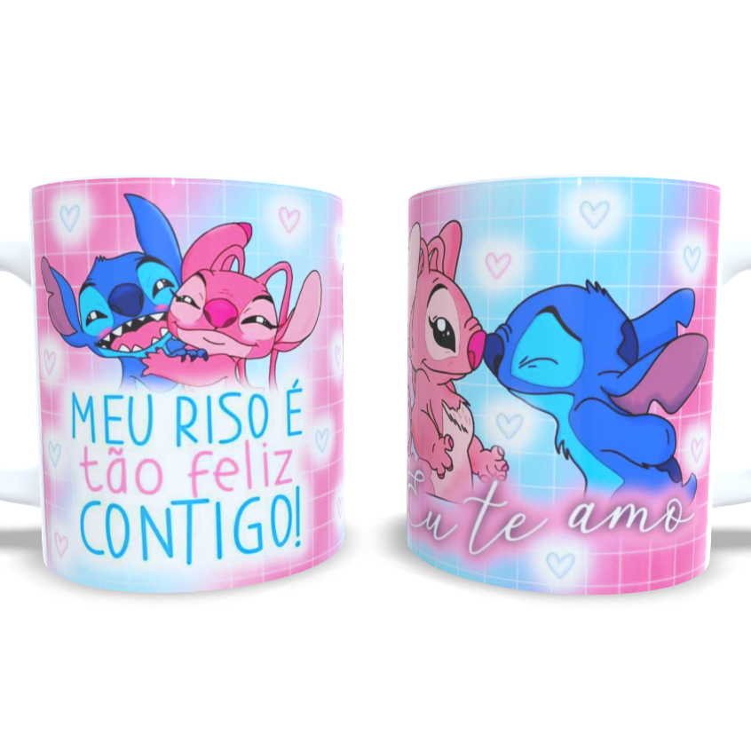 Caneca Stitch Angel Meu Riso é Tão Feliz Contigo Eu Te Amo 325ml De Porcelana Embalada Para Presente