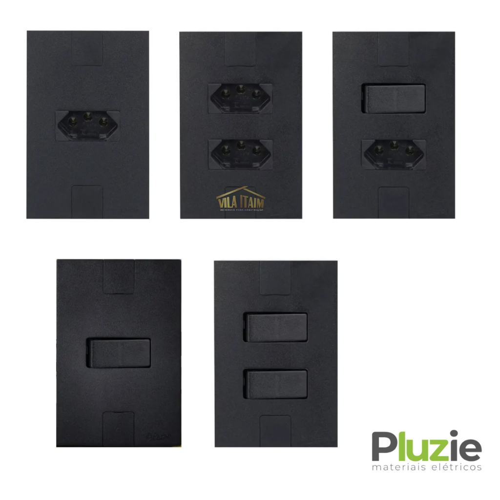 Tomada 10 e 20A e interruptor 6A apagador de luz preto fosco new caprice linha moderna parafusos ocultos modular Pluzie