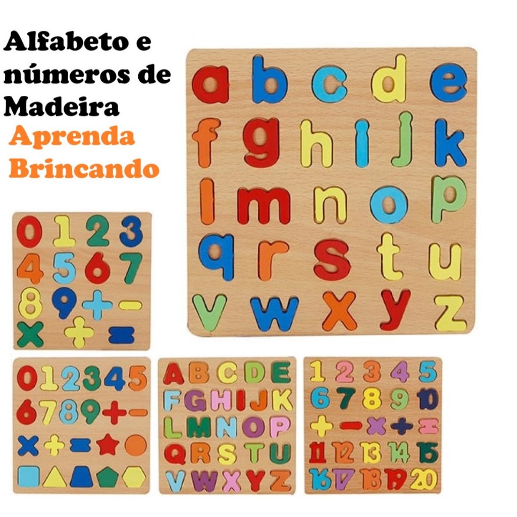 Brinquedo Alfabeto de Madeira Letras e Números Formas Geométricas Pedagógico Educativo Montessori