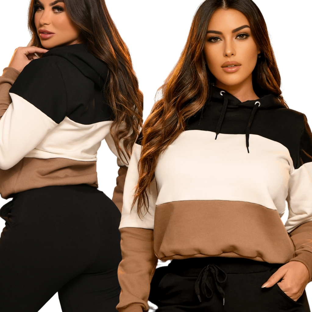 Conjunto Moletom Feminino Blusa e Calça Flanelados Com Capuz Barras Cintura Elastico em Oferta na Shopee