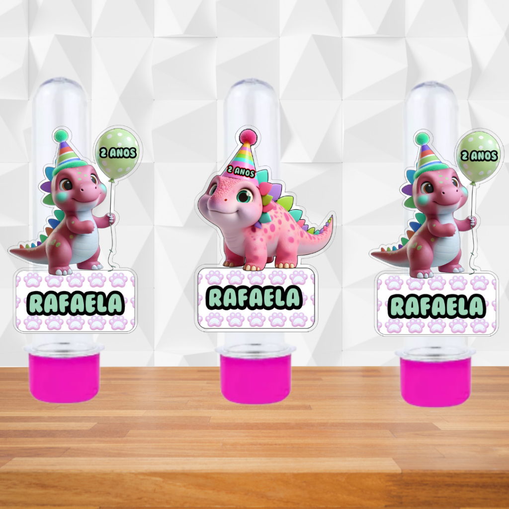 Kit Aplique para Tubete - Dinossauro Baby Menina - Personalizado - Lembrancinha de Aniversário Infantil