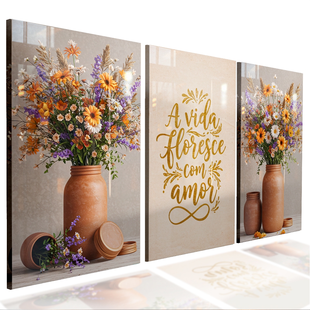 Quadro Decorativo Sala Quarto Vida Floresce Com Amor Vasos Flores Decoração em Oferta na Shopee