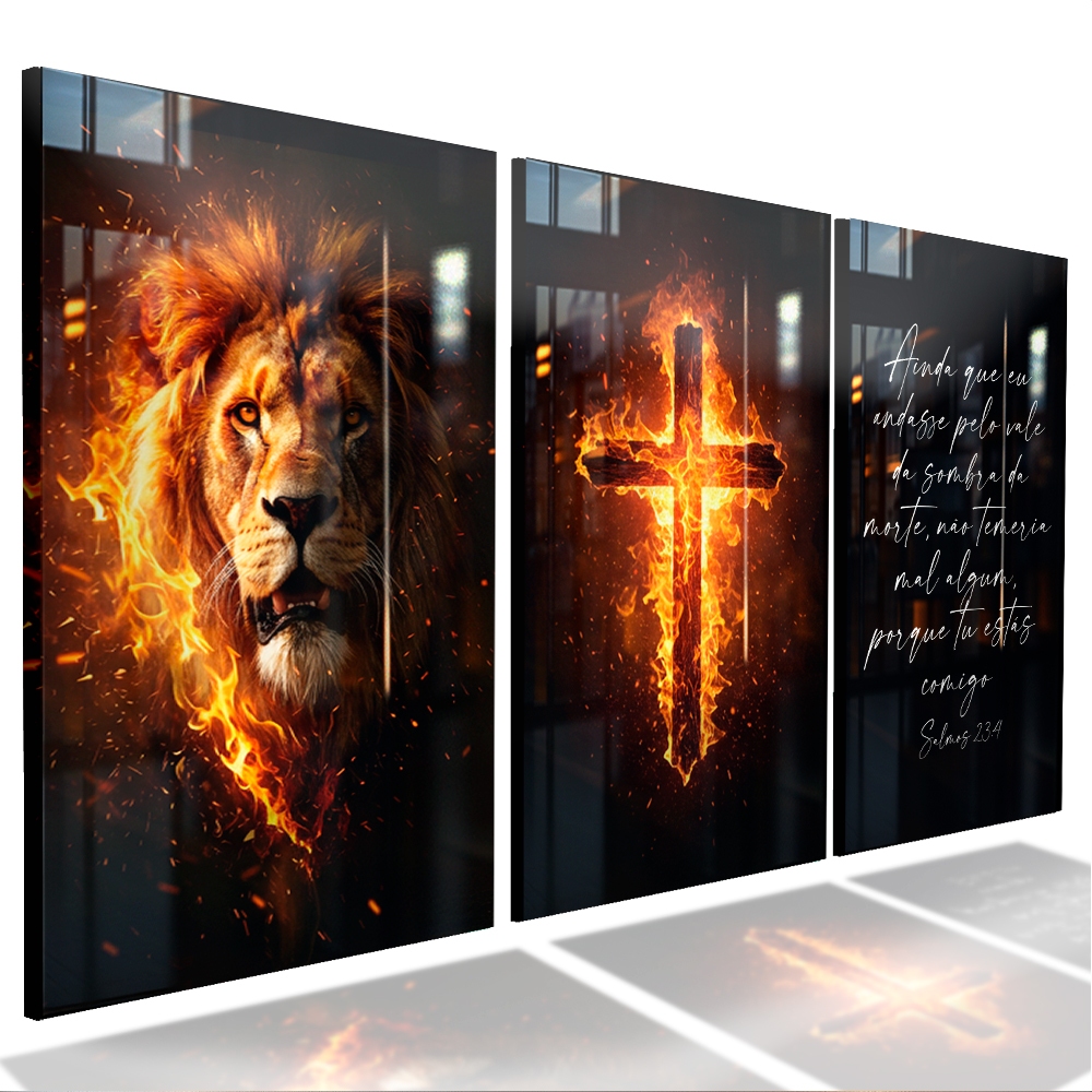 Quadros Decorativo 3 Sala Quarto Peças Leão Judá Cruz Chamas Salmo em Oferta na Shopee