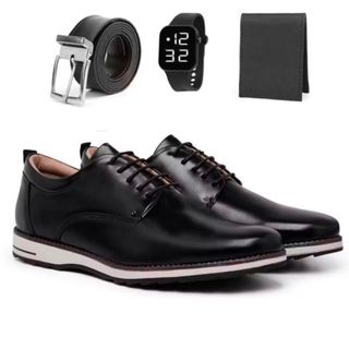Kit Sapato Social Masculino Oxford Moderno De Couro Confortável Com Solado Leve Estiloso Top + Cinto Carteira Relogio