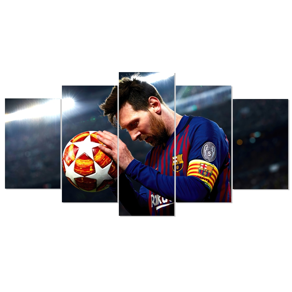 Quadro Decorativo Mosaico 5 Peças Lionel Messi Barcelona Jogador Sala Quarto Hall Futebol Craque