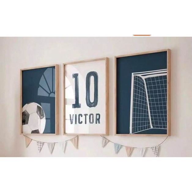 Quadro decorativo 3 peças 40x60 Futebol camisa 10 bola azul e branco para quarto infantil menino