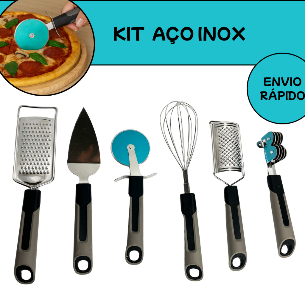 Kit Cozinha Utensílios Em Aço Inox Ralador Espátula Cortador de Pizza Afiador de Facas e Fouet