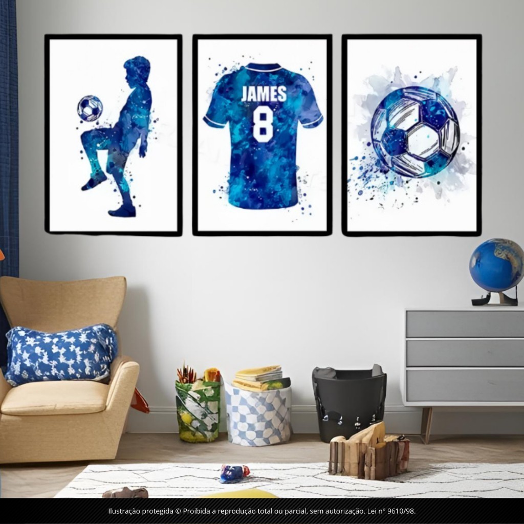 Quadros decorativos 3 peças nome personalizado futebol menino bola camisa de time infantil criança para quarto masculino