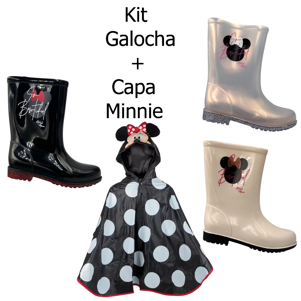 Bota Galocha Grendene Minnie Rain Fun + Capa De Chuva 23083 Original com NF Mickey Disney Infantil