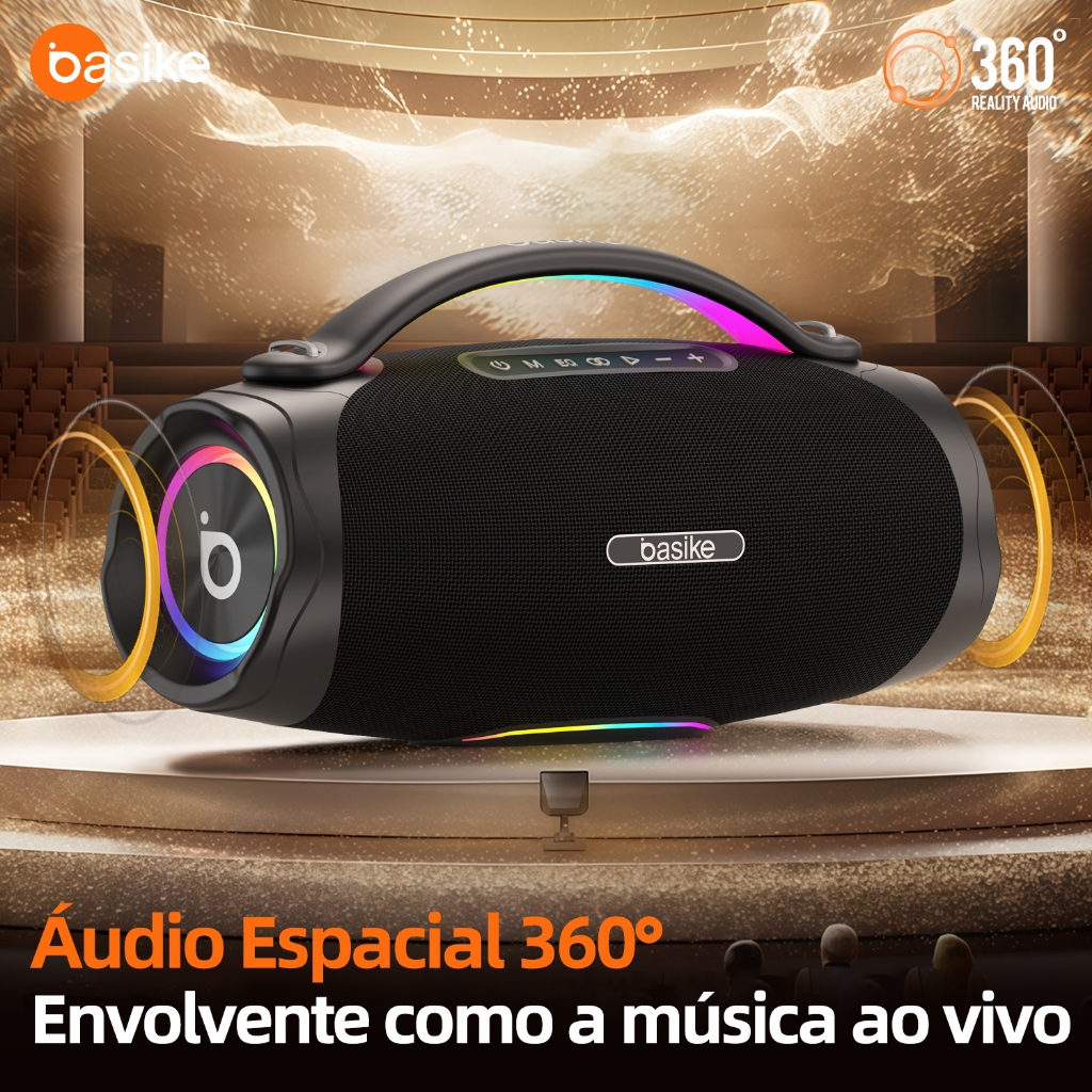 BASIKE Caixa de som 100W bluetooth portátil IPX6 RGB TWS HiFi Usb Pen Drive — imagem 2 de 2