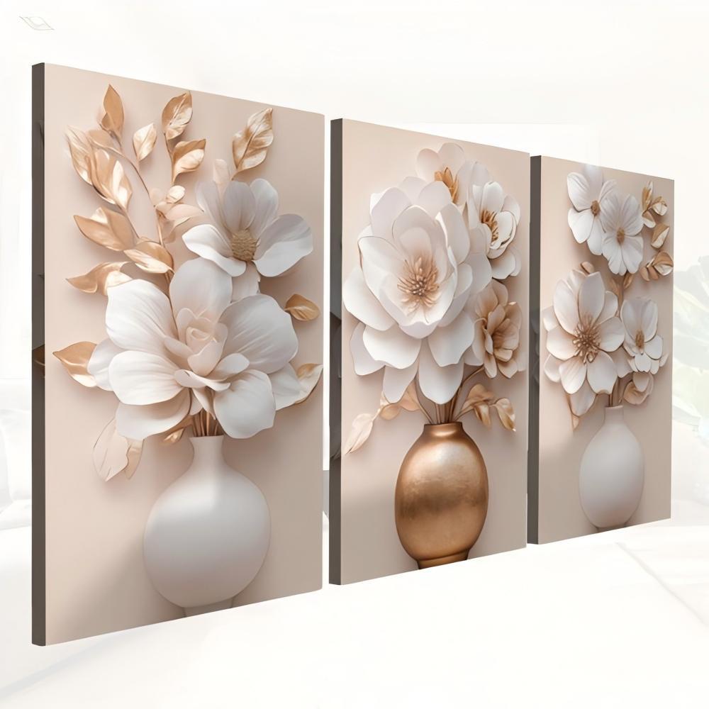 60x30 90x50 120x60 3 Quadros Vasos Flores Bege Gold Parede Sala Quarto