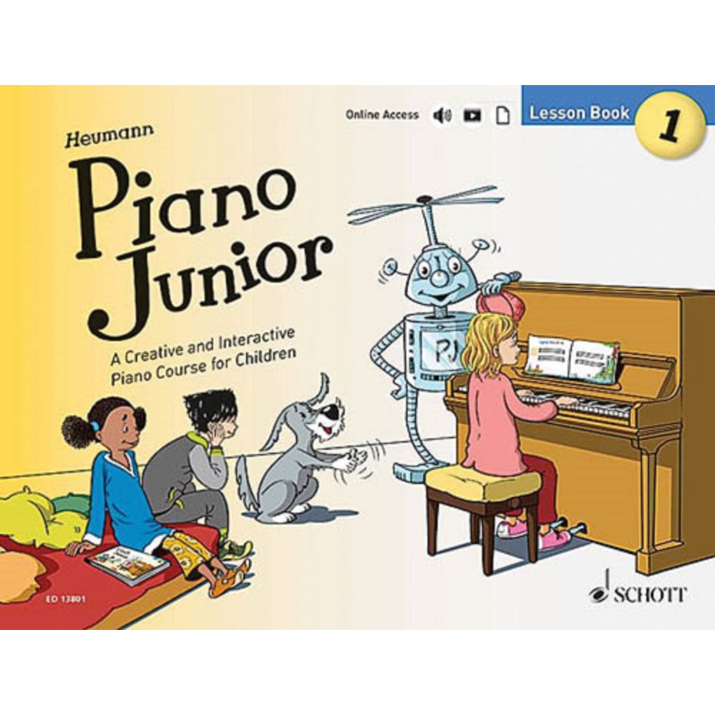 Livro "Piano Junior: Livro de Lições de Piano 1", de Hans-Günter Heumann e publicado pela Schott.