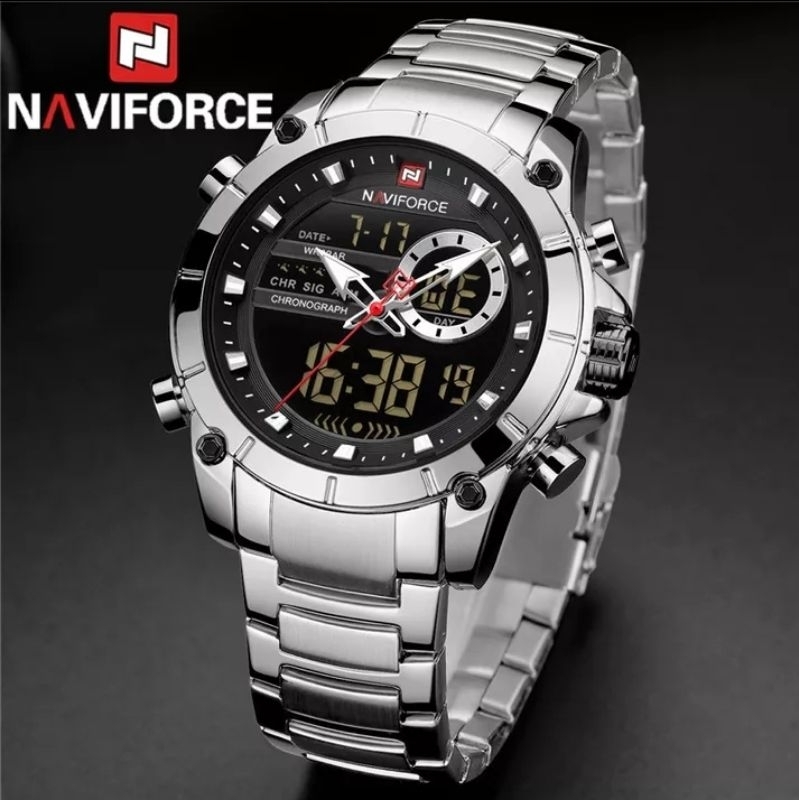 Relógio Masculino Analógico e Digital NAVIFORCE 9163 à Prova D'água Pulseira em Aço/Prata/Azul