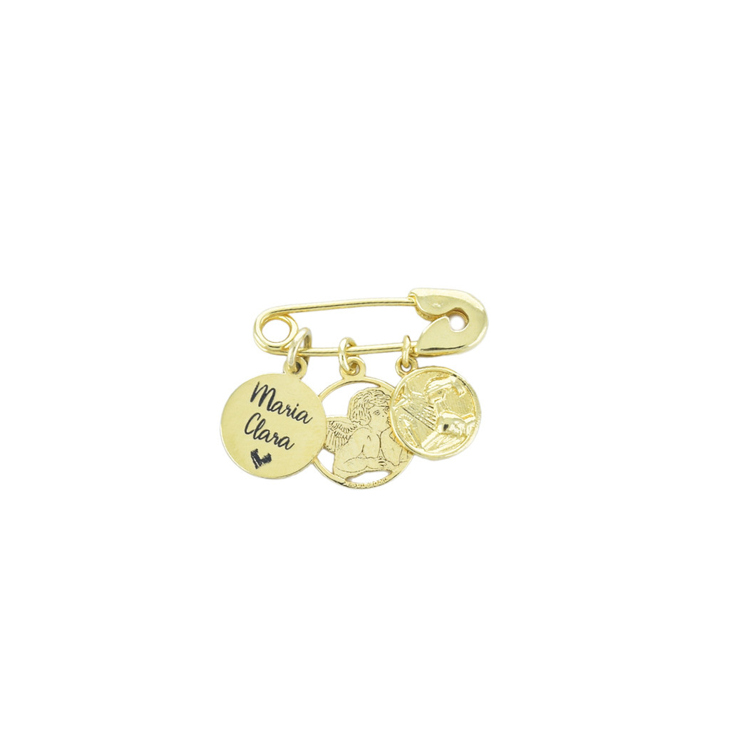 Alfinete Liso Com Pingente + Anjo Da Guarda + Batismo - Prata Banhado A Ouro