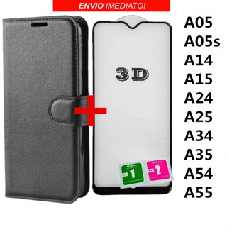 Capa Capinha Carteira Flip + Película de vidro 3D Para Samsung Galaxy A05/A05s/A14/A15/A24/A25/A34/A35/A54/A55 em Oferta na Shopee