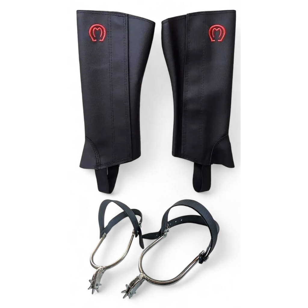 Kit Espora 7 Bicos + Perneira Mangalarga Ideal para Cavalgadas, Montaria e Cavalo Preta