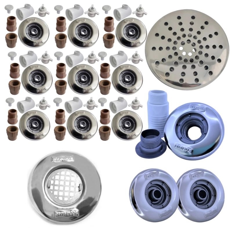 Kit Dispositivo Inox Piscina - 9 Hidromassagem 2 Bico Retorno 1 Nível 1 Bico Sucção 1 Dreno De Fundo
