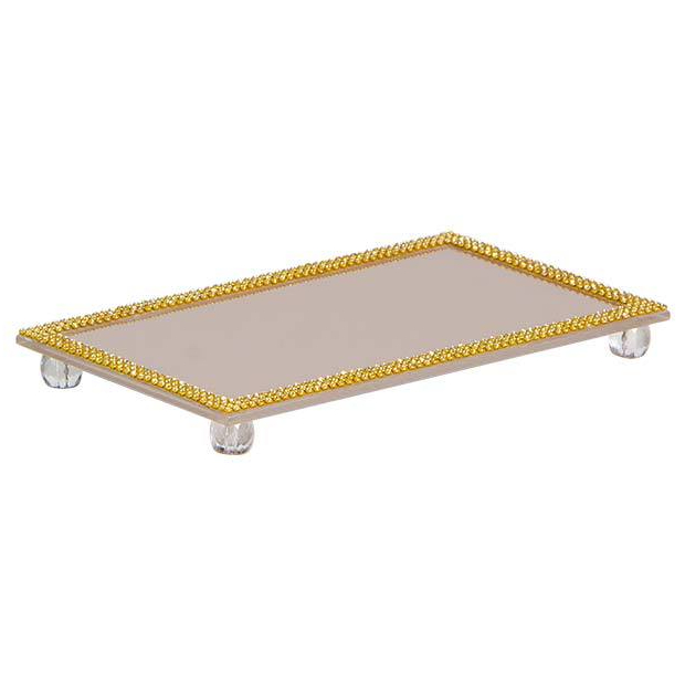 Bandeja Supla de Espelho/Vidro 12x22 c/Strass p/Decoração Casa Sala Quarto Penteadeira Closet Lavabo