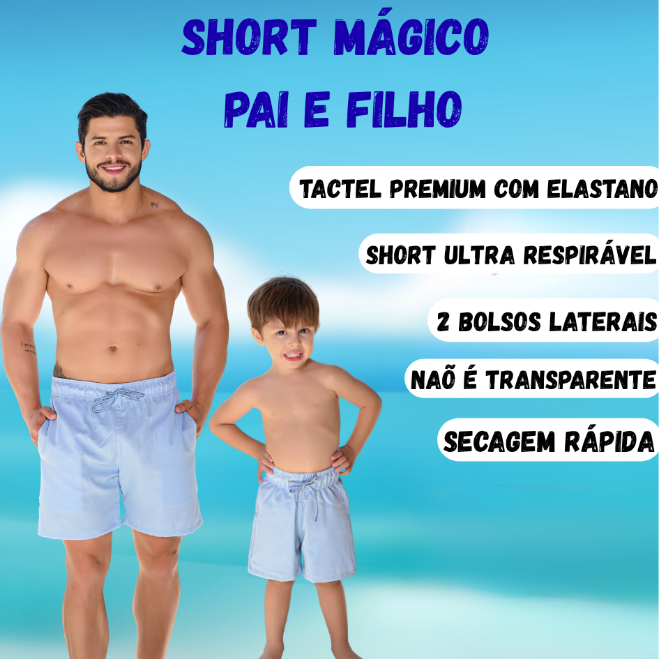 Kit Short Mágico Pai e Filho Moda Praia Piscina Azul Sereno Secagem Rápida Estampa Aparece na Água
