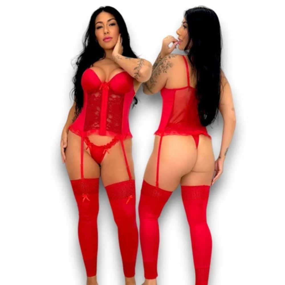 Conjunto Espartilho Feminino em Renda com Meia 7/8 e Bojo