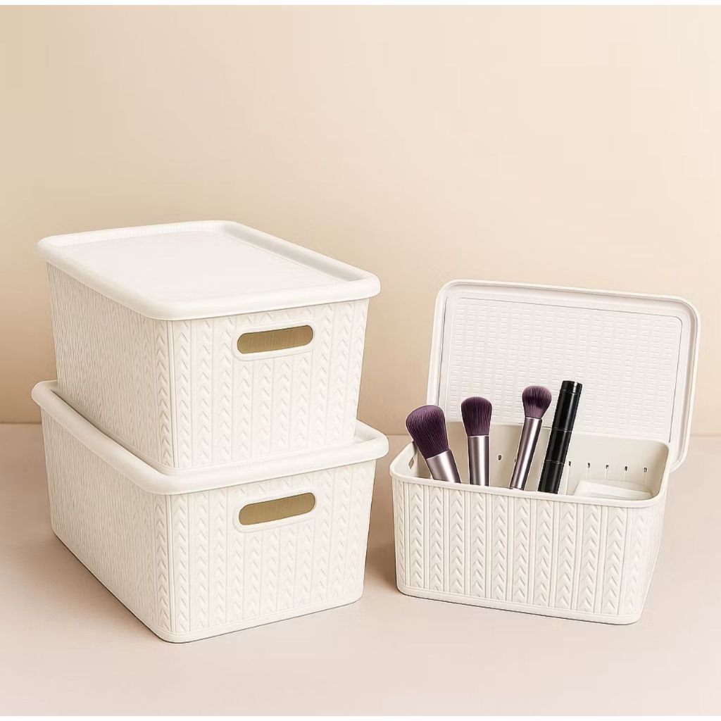 Kit 3 Caixas Organizadoras Rattan Plástico 5L com Tampa e Alças Empilhável Multiuso Casa