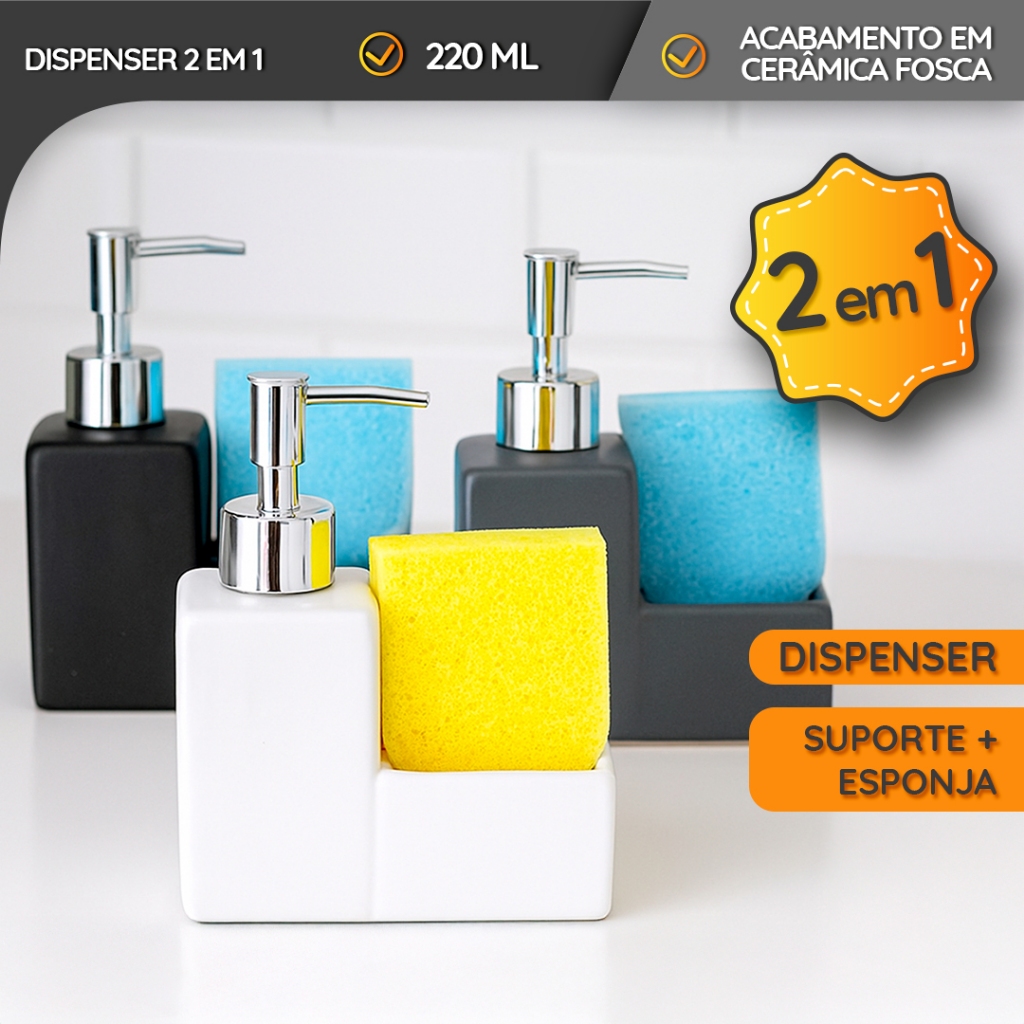 Dispenser de Detergente com Porta Esponja – 2 em 1 Cerâmica Premium Cerâmica Fosca em Oferta na Shopee