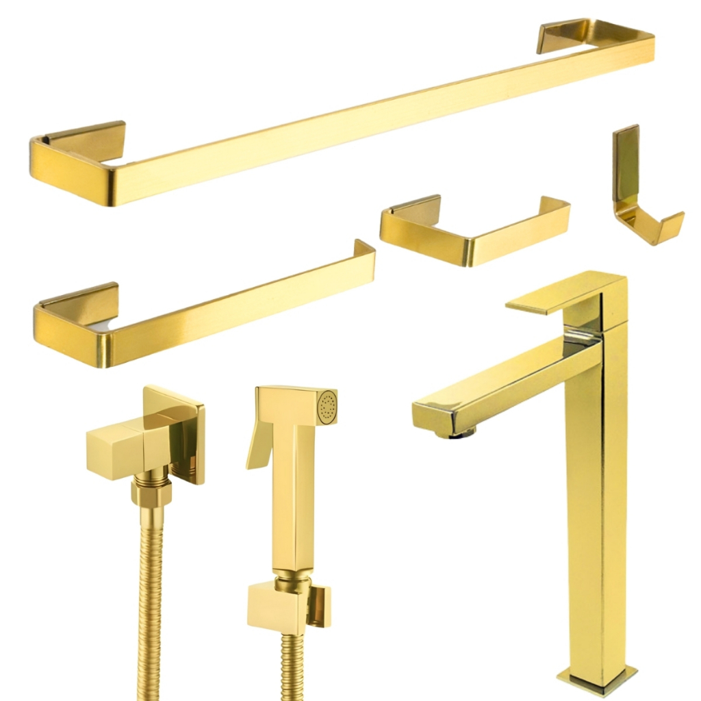 Kit Acessórios Banheiro Dourado Gold + Torneira Alta Luxo + Ducha Higiênica Quad