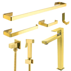 Kit Acessórios Banheiro Dourado Gold + Torneira Alta Luxo + Ducha Higiênica Quadrada Metal Luxo