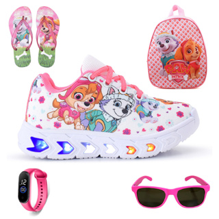 Kit Tenis Feminino Infantil De Led Meninas Patrulha Canina Rosê Cadarço + Mochila + Chinelo + Óculos + Relógio Linkito em Oferta na Shopee