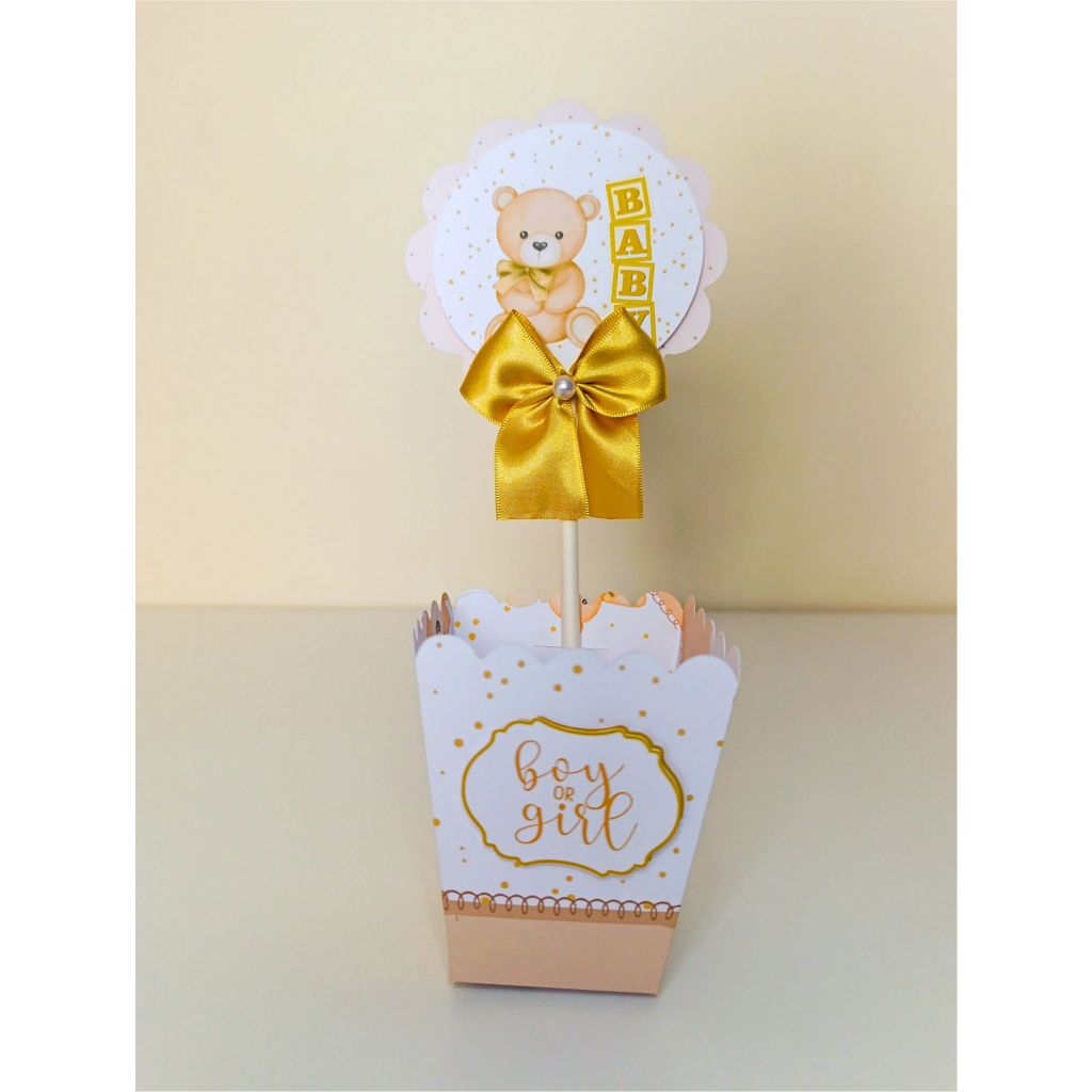 Centro de Mesa Chá Revelação Ursinho Bege (PEGUE E MONTE) | Cachepot Cachepô Personalizado | Festa Aniversário