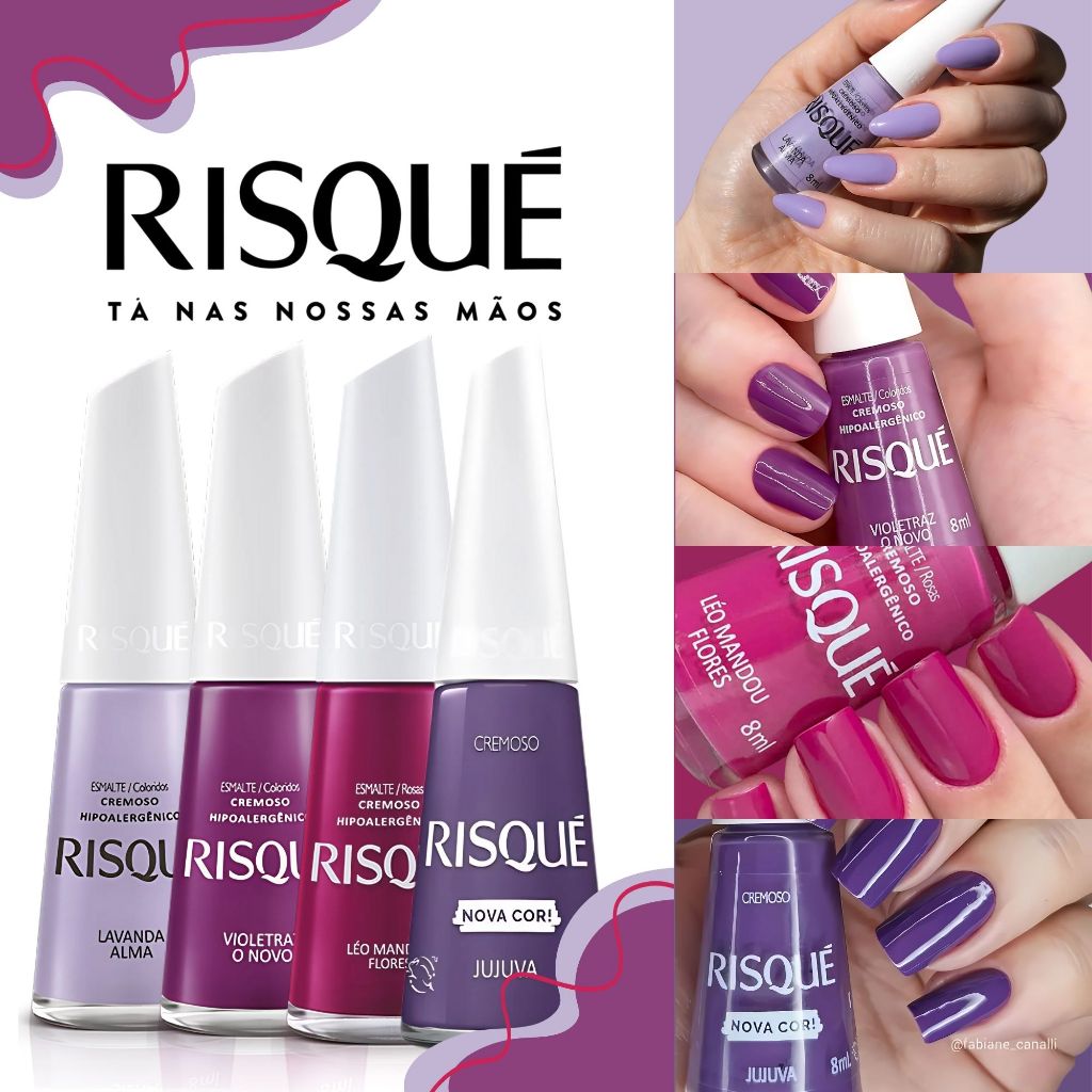 Kit 4 Esmaltes Risqué Tons de Rosa Roxo Lilás Esmaltes Atacado Cremoso