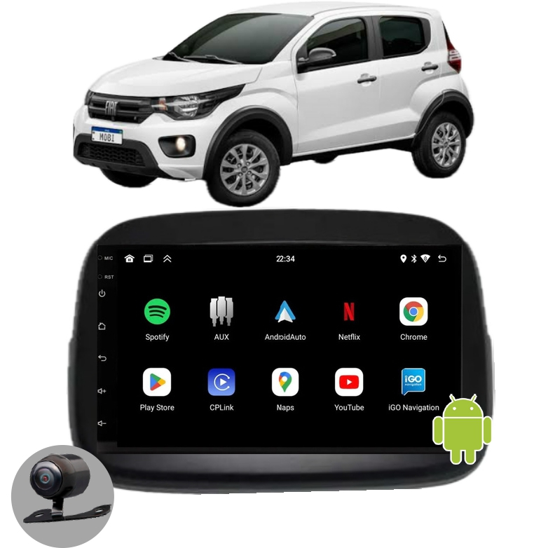 Multimidia MP5 Android CarPlay GPS Wifi Fiat Mobi 2017 2018 2019 2020 2021 2022 2023 + Moldura + Camera de ré