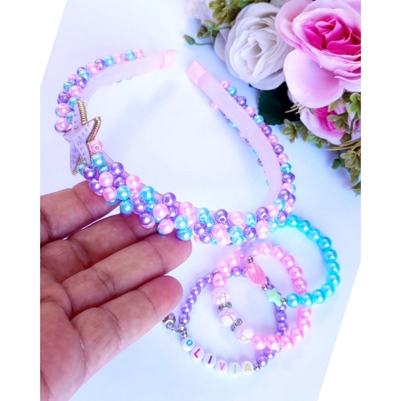 Tiara infantil/ temática princesa Ariel sereia, e kit pulseiras personalizada.