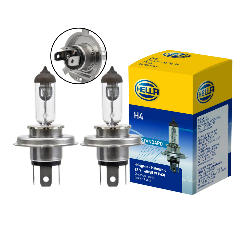 2X Lâmpada Halogena Hella H4 Automotiva 12V 60/55w Farol Baixo Moto E Carro 2 Unidades