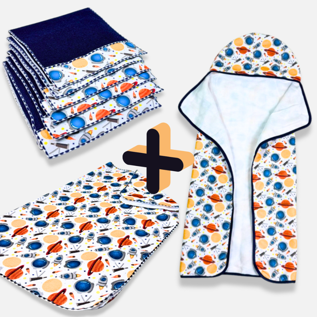 Kit 8 Pecas 1 Toalha Capuz + 1 Manta Cueiro + 6 Toalhas Ombro Bebê Algodão