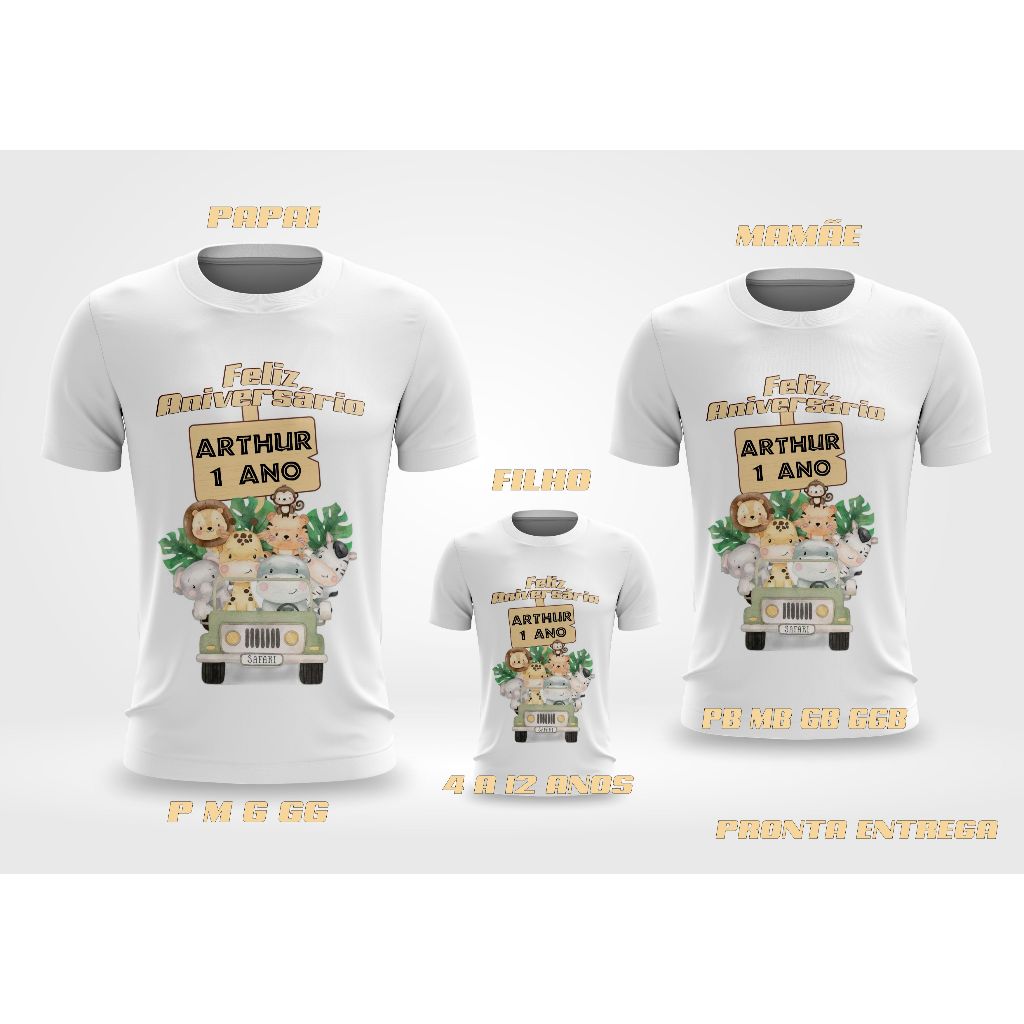 Kit 3 Camisetas Conjunto Família Safari 1 Filho  + Casal Safari Pai e Mae Infantil 4 AO 12