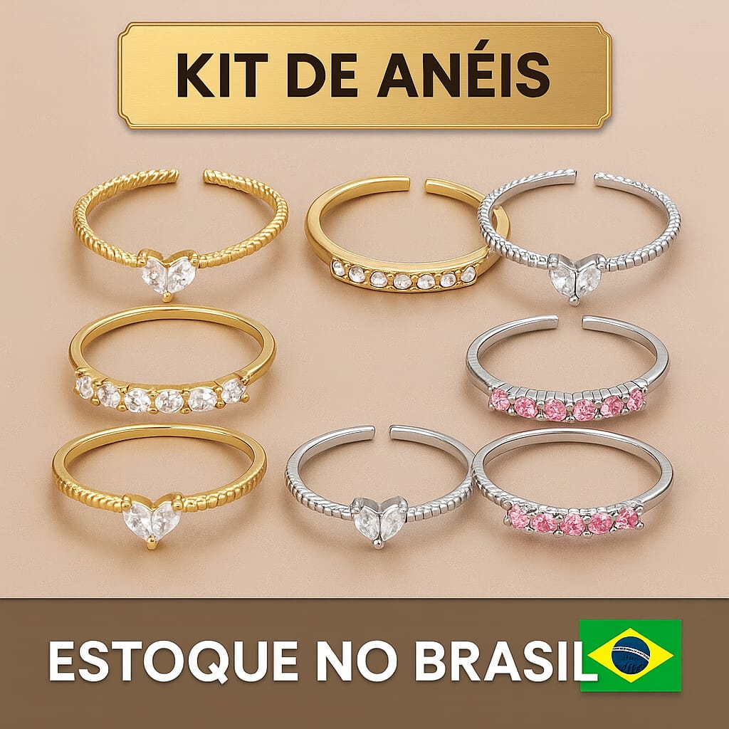 Conjunto de Anel de Coração com Zircônia, Elegante, Ajustável, Dourado ou Prateado – Joia da Moda Feminina