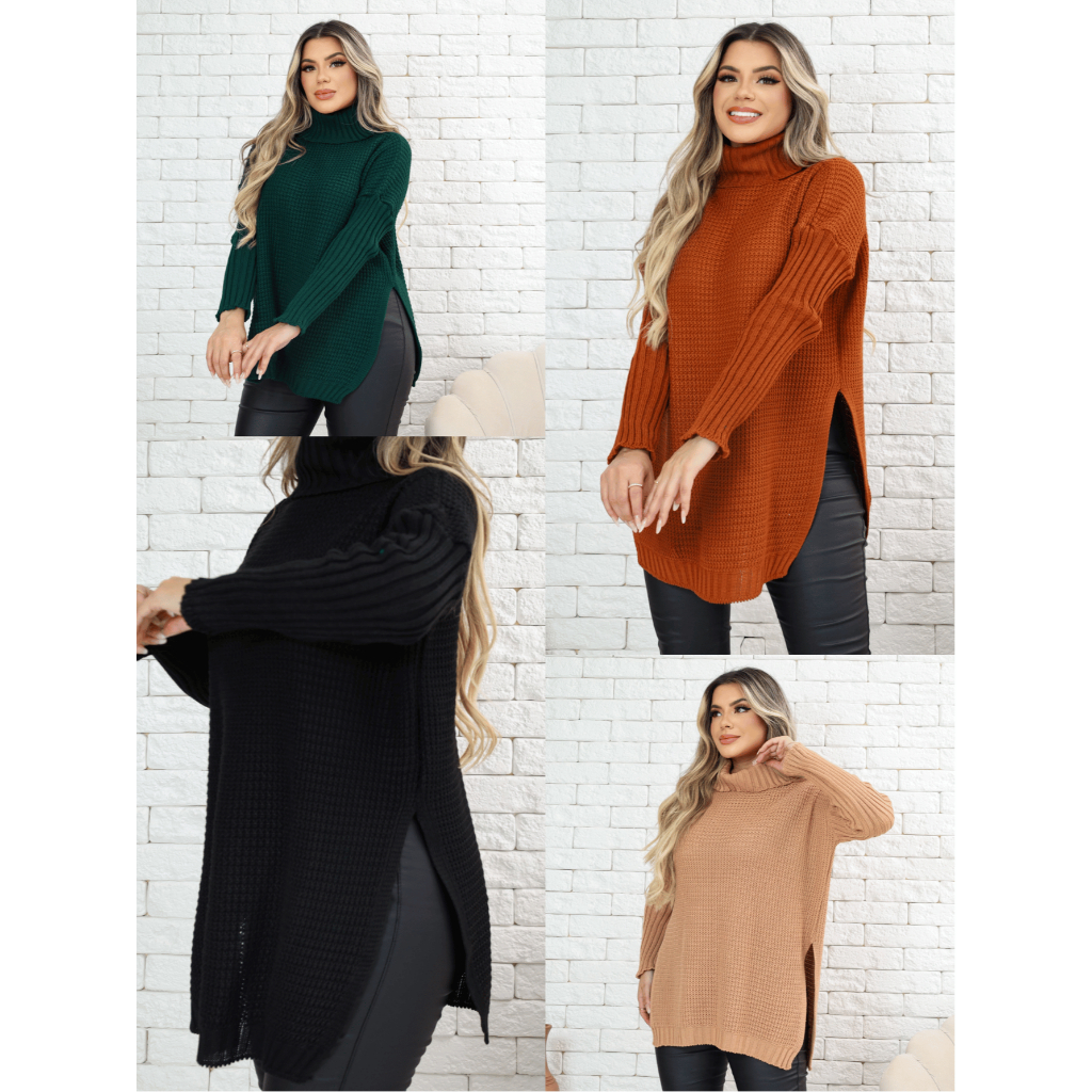 MF Poncho Tricot com Gola e Fendas Laterais em Oferta na Shopee