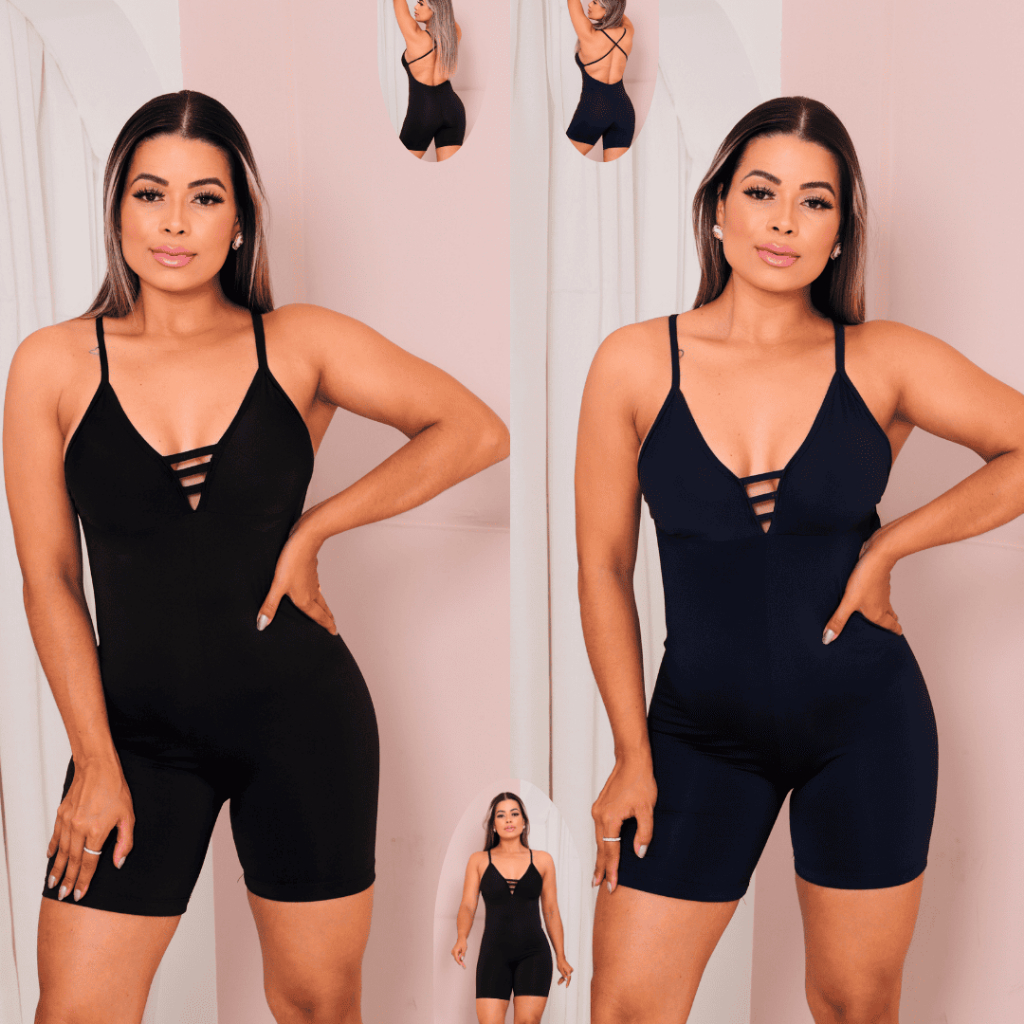 Kit 02 Macacão Fitness Preto/Azul Reforçado Decote Peito Moda Academia Yoga Treino Levanta Bumbum