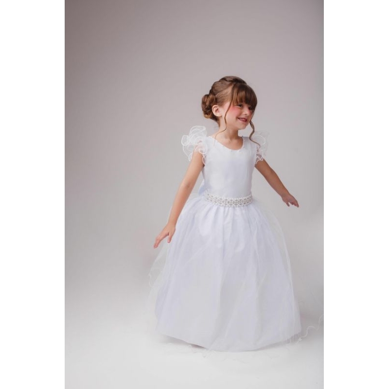 Vestido Longo Branco Luxo infantil Daminha Casamento Batizado Noivinha Florista Renda e Strass