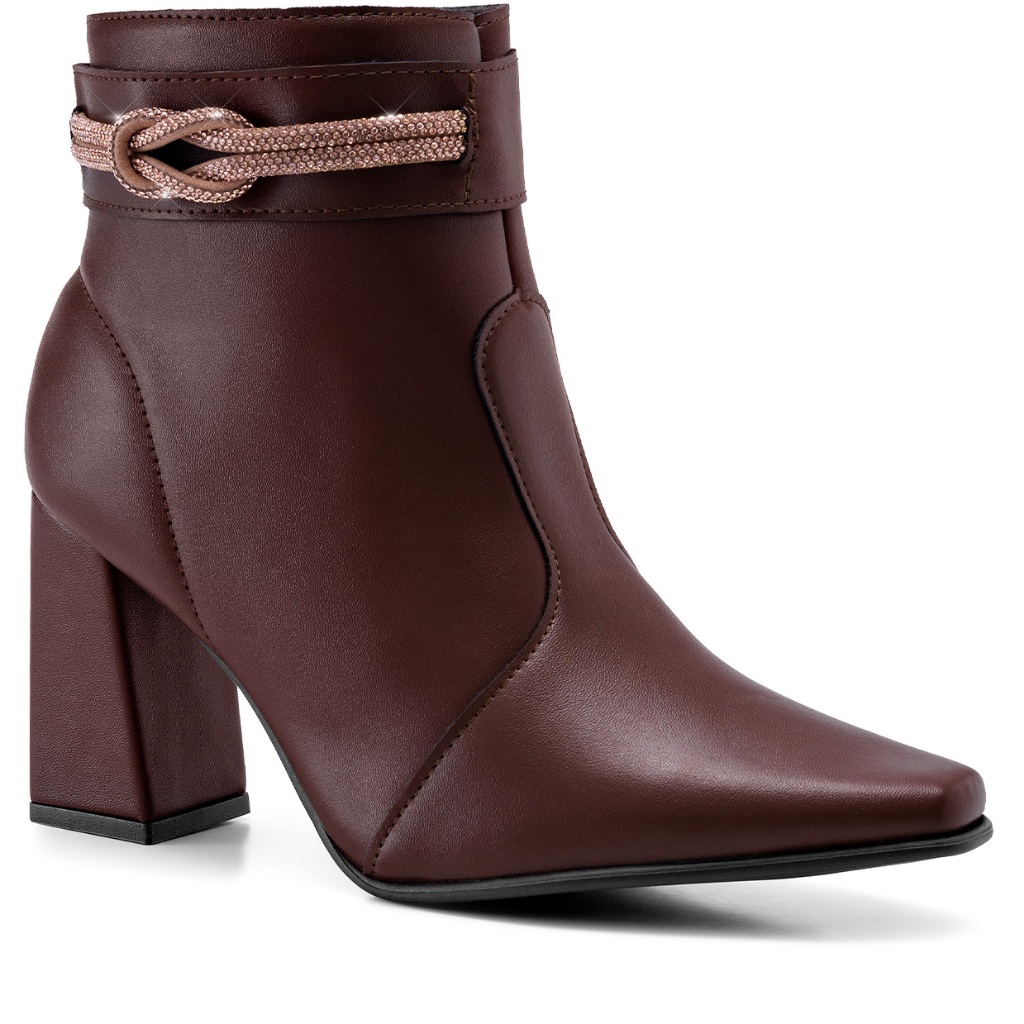 Bota Feminina Lumiss Strass Salto Alto Grosso Bico Fino Confortável Cano Curto Napa Marrom em Oferta na Shopee