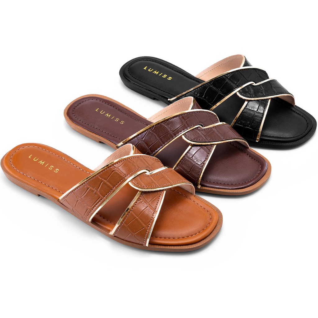 Sandália Rasteira Feminina Lumiss Croco Trançada Confortável em Oferta na Shopee