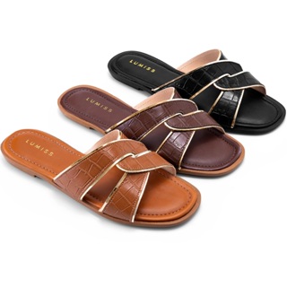 Sandália Rasteira Feminina Lumiss Croco Trançada Confortável em Oferta na Shopee