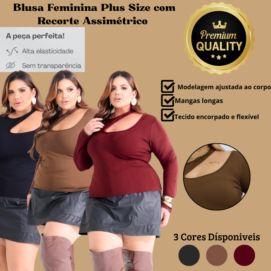 Blusa Feminina Manga Longa Plus Size Estilosa Chocker Assimétrica Decote inverno