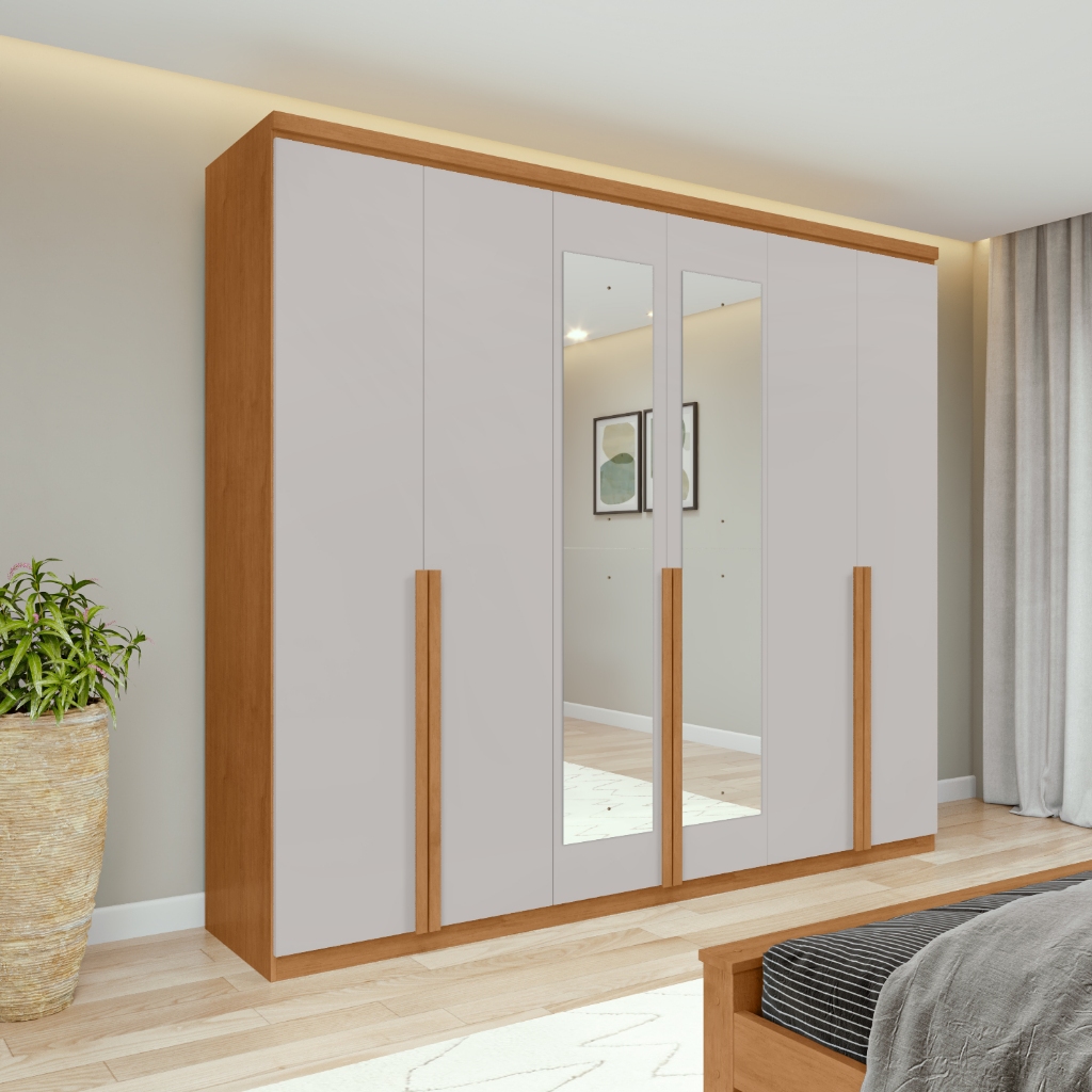 Guarda-Roupa Casal 100%MDF Alonzo 6 Portas 4 Gavetas Com Espelho Amêndoa/Off White em Oferta na Shopee